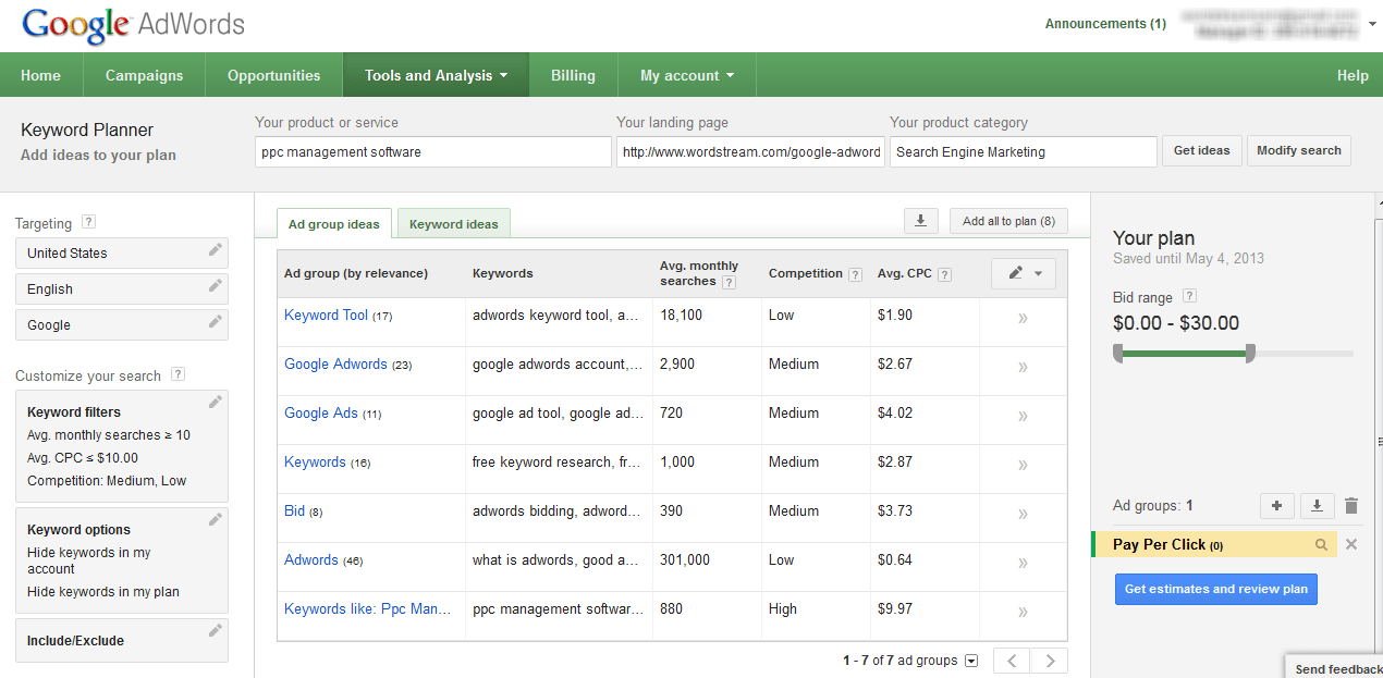 Google Adwords Keyword Tool