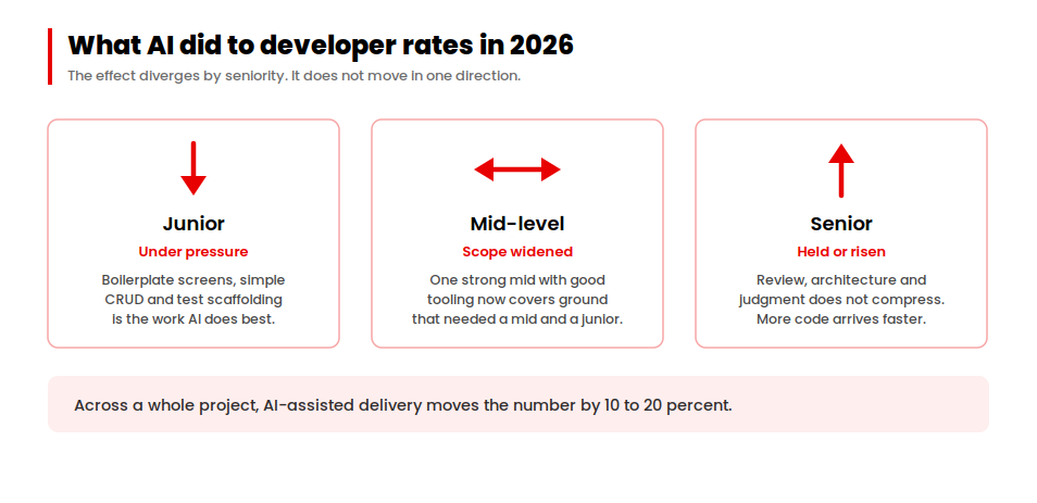 AI effect on developer rates by seniority: junior under pressure, mid-level widened, senior held or risen