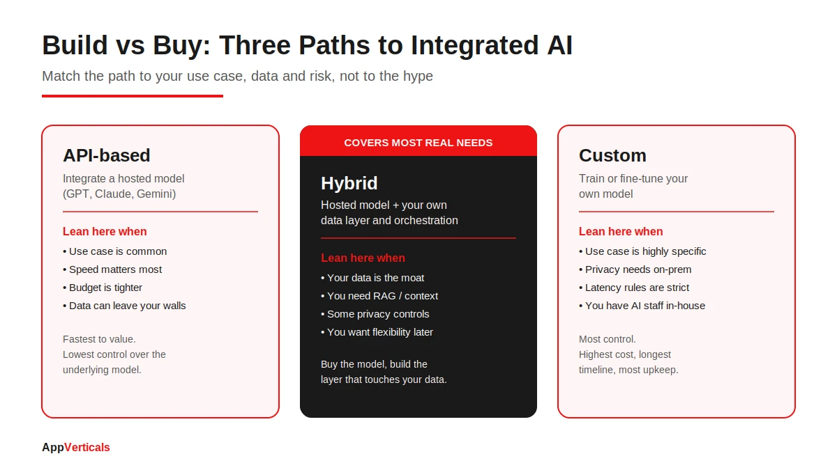 Three paths to integrated AI, matched to use case, data and risk.