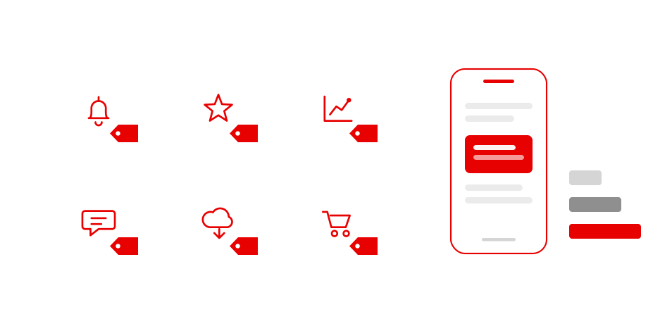 Ten mobile app business benefits shown as icons with price tags across three build cost tiers