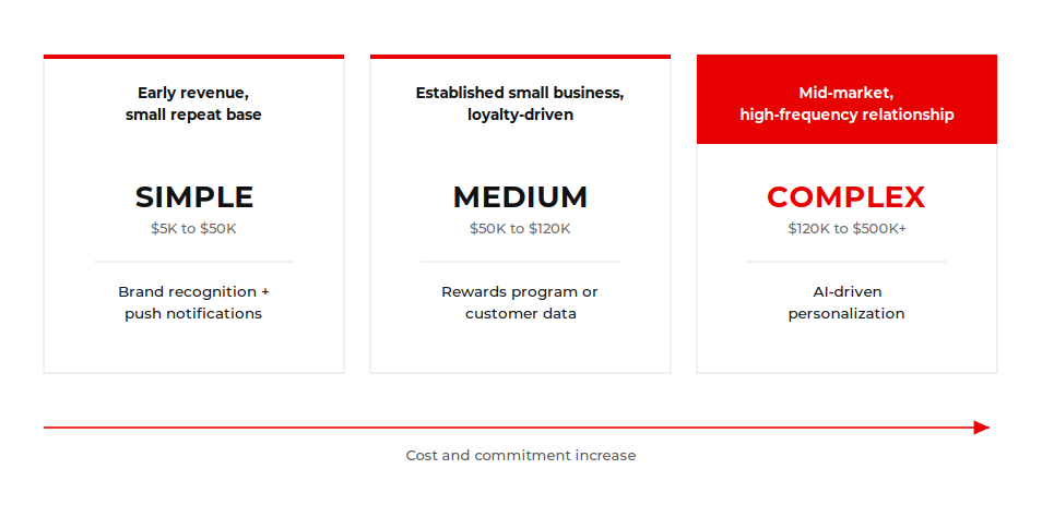 Business stage to cost tier match: early revenue to simple, small business to medium, mid-market to complex